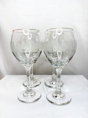 Libbey Clear Glass Wine Goblet with White Winter Tree Design set of 4